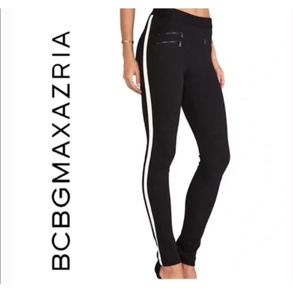 BCBGMaxAzria Theo Pants Black White Stripe M Sporty Moto Zip Modern Tapered Glam